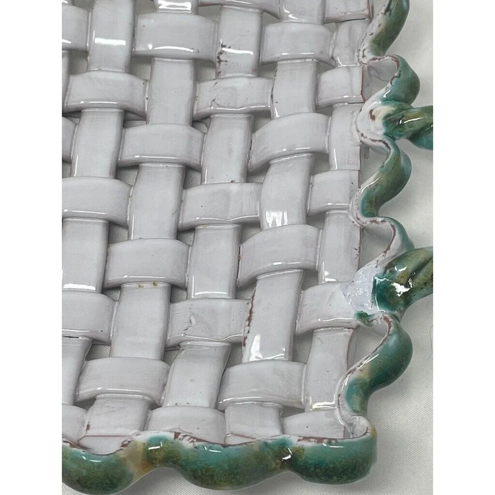Vtg Italian Majolica Weave‎ Ceramic Decorative Tray Floral